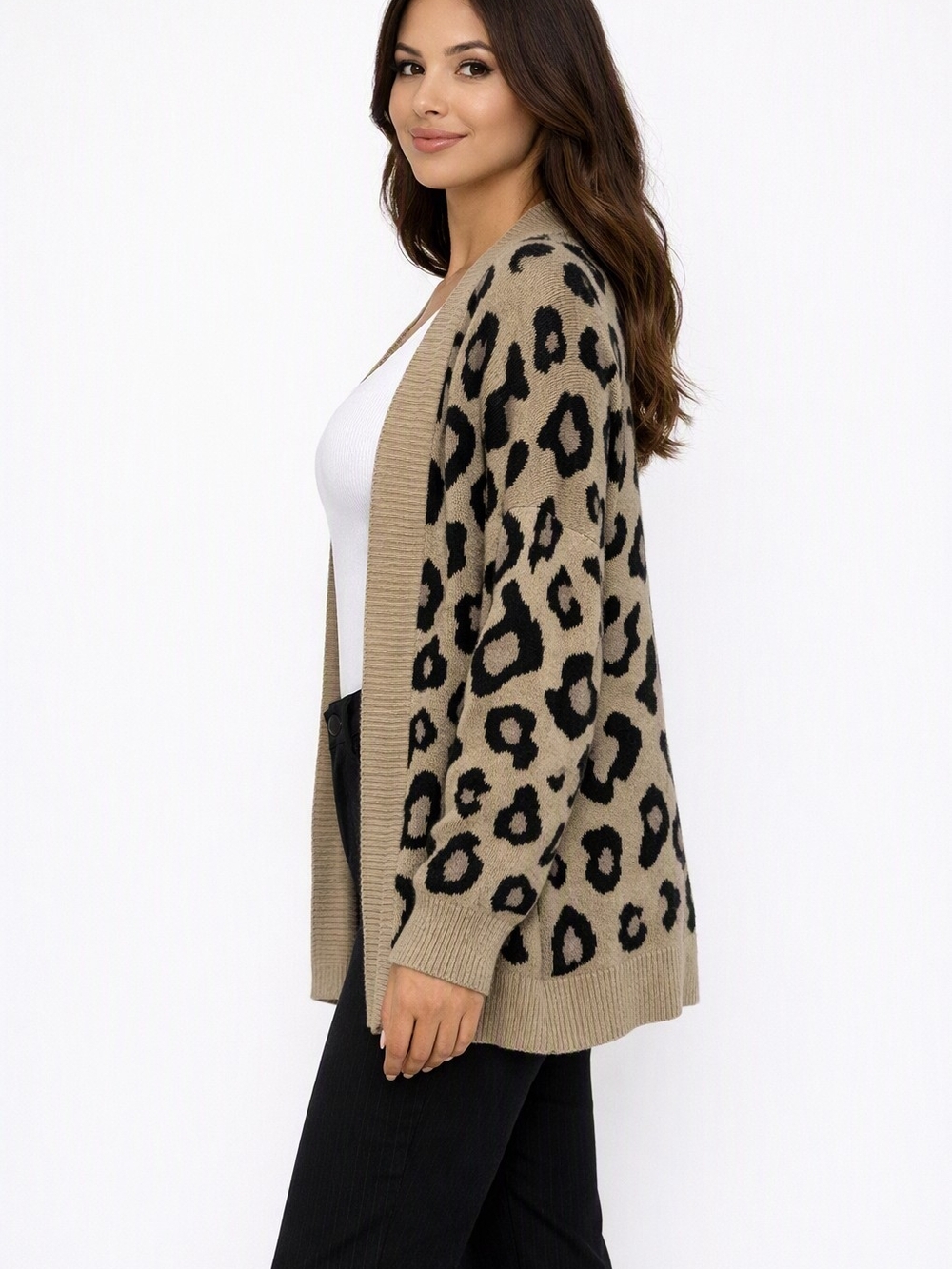 Windsor Taupe and Black Leopard Print Open Front Cardigan